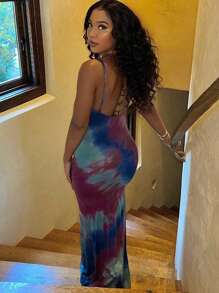 SHEIN Slayr Phụ nữ Tie-Dye In Side Slit Hem Trang bị Dây đeo Spaghetti Váy mini sành điệu - Nhiều màu - Xem 2