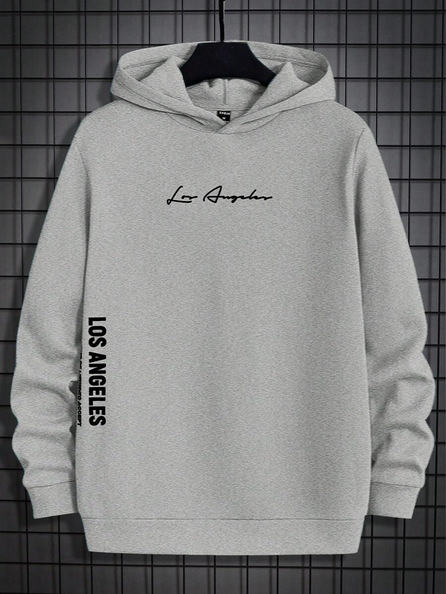 Manfinity VCAY Men's Casual Letter Print Hooded Sweatshirt For Spring Autumn - Light Grey - View 1