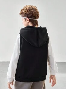 SHEIN 2 件套青少年男孩连帽印花口袋运动舒适自由训练夹克和圆领长袖上衣套装，秋冬季