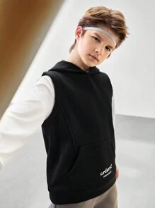 SHEIN 2 件套青少年男孩连帽印花口袋运动舒适自由训练夹克和圆领长袖上衣套装，秋冬季