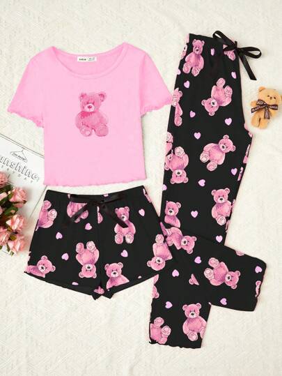 3pcs/Set Tween Girl Cute Bear Print Shorts, Pants And Short Sleeve Top Pajama Set