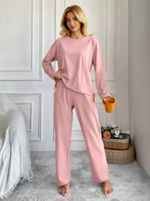 SHEIN Cottnline 女士纯色圆领长袖上衣和裤子睡衣套装 - 淺粉色 - 查看 4
