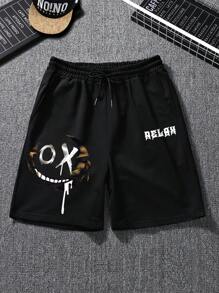 男士卡通字母图案抽绳短裤