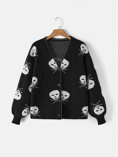 SHEIN EZwear 秋冬大码万圣节骷髅针织短款开衫