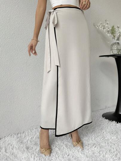 Modelyn Women's Contrast Color Patchwork Side Tie Casual Skirt