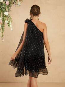 L'Amorae Abito con spalle scoperte a pois con fiore staccabile