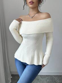 Elenzga Jersey de punto acanalado ajustado con hombros descubiertos, para otoño-invierno, jersey de punto de otoño - Blanco - Ver 4
