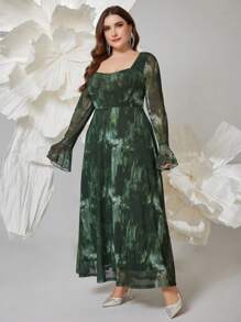 Modelyn Große Größenkleid im Batikoptik-Herz Ausschnitt Französischer Stil Elegant Langarm für Damen, elegantes A-Linien Kleid für Abendparty/Hochzeitsgast/Jahrestags Maxi Damen Outfit Lange Abendkleider