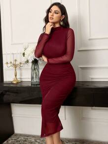Vestido elegante largo de manga larga con cuello alto, contraste de malla y plisados, de color rojo burdeos, para mujer, vestido largo de noche - Burdeos - Ver 7