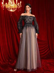 SHEIN Belle 优雅深色蕾丝拼布透明露肩长袖香槟色撞色拼布 A 字形正式晚礼服黑色婚礼宾客礼服，适合毕业典礼 - 黑色 - 查看 6