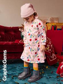 GraphicGems 女孩圣诞苹果心形图案长袖连帽连衣裙，圣诞节