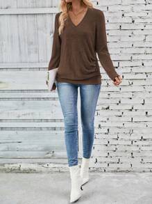 EMERY ROSE Women V-Neck Long Sleeve Solid Color Button Pleated Casual T-Shirt, Spring Autumn Fall Cloth For Women - Coffee Brown - View 5