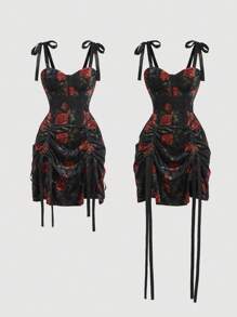 SHEIN MOD Women Elegant Red Floral Velvet Black Midi Dress With Bow Tie And Drawstring,Fall/Winter,Homecoming,Going Out,Wedding - Multicolor - View 1