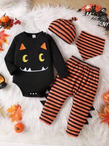 SHEIN Bộ 4 món đồ liền thân hình quỷ đáng yêu cho bé trai, quần sọc cam thêu hình quả bí ngô, mũ và yếm cho bé từ 0-18 tháng tuổi, mùa thu/đông, dành cho tiệc Halloween - Nhiều màu - Xem 1