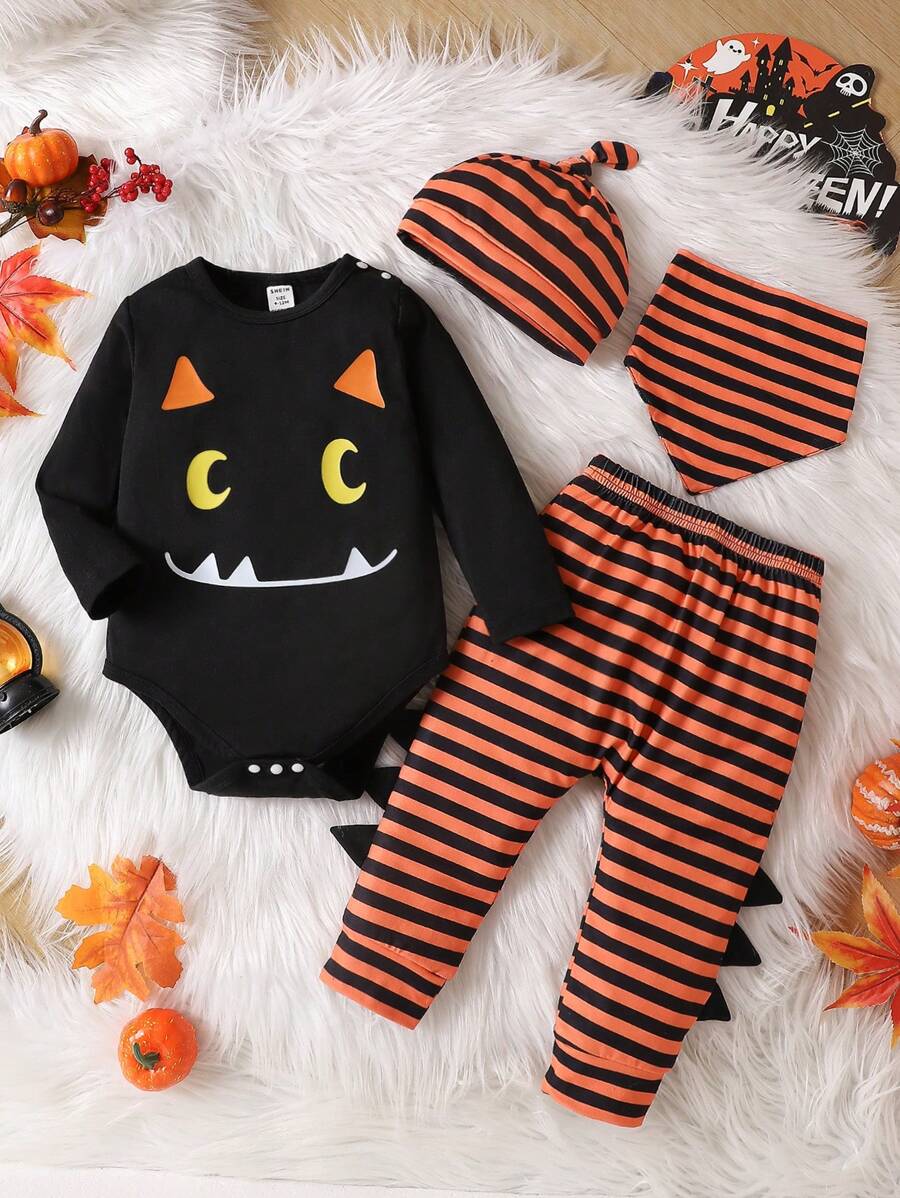 SHEIN Bộ 4 món đồ liền thân hình quỷ đáng yêu cho bé trai, quần sọc cam thêu hình quả bí ngô, mũ và yếm cho bé từ 0-18 tháng tuổi, mùa thu/đông, dành cho tiệc Halloween - Nhiều màu - Xem 1