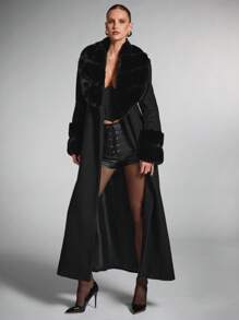 SHEIN BAE Women's Solid Color Fluffy Shawl Collar Long Sleeve Long Elegant Wool Blend Coat, Vintage Coat Winter Fall Women Clothes Customs Women Concert Outfits Winter Women Clothes Fur Coat Stylish And Warm, Suitable For Parties And Outings  In Fall/Winter - Black - View 7