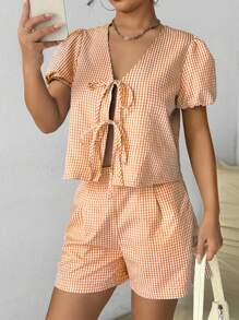 Chiquease 2 件套女士夏季格子系带泡泡袖衬衫和短裤休闲宽松套装 - 橘色 - 查看 1