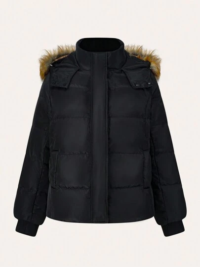 SHEIN EZwear Abrigo de plumas y plumón negro con capucha de pelo de talla grande con patchwork para mujer