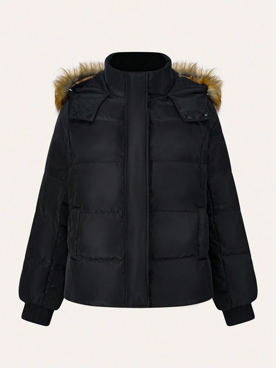 SHEIN EZwear Plus Size Women's Patchwork Furry Hooded Black Down& Feathers Coat