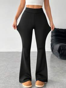 SHEIN PETITE Quần ống loe tập yoga cho nữ, quần co giãn cạp cao, quần lót giữ nhiệt kiểm soát bụng khi tập luyện - màu đen - Xem 2