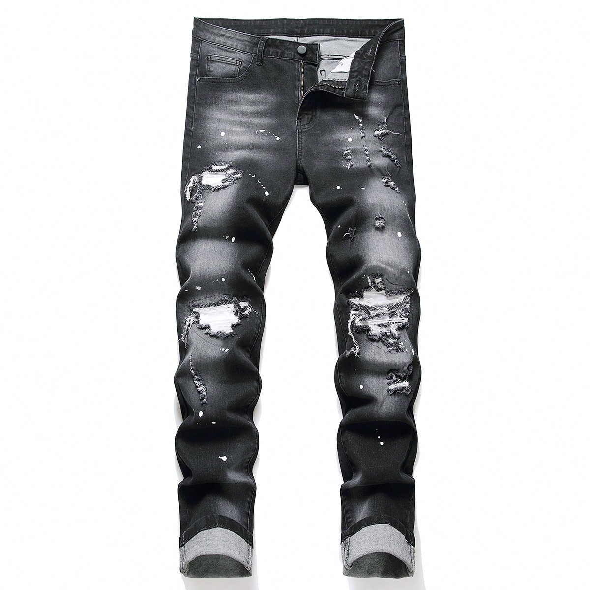 Jeans pitillo con estampado de salpicaduras de tinta y rotos, jeans ajustados de color negro oscuro, jeans cargo largos negros para hombre, regalos pa