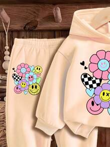 SHEIN Leap Crew 女宝宝针织柔软连帽休闲宽松长袖加厚卫衣裤子套装，适合秋冬季 - 米色 - 查看 3