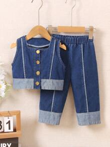 SHEIN Genkimix Kids Baby Girls' Top And Pants Combo Set, Summer Clothes - Blue - View 3