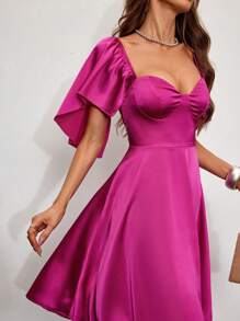 Allurite Ruffle Trim Strapless Peplum Party Dress With Flare Sleeves