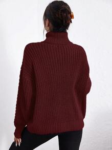 RueChic Áo len dài tay cổ lọ trễ vai màu trơn cho nữ vào mùa thu/đông, áo dài tay - Màu Đỏ Sâu - Xem 2