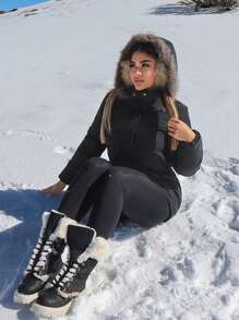 SHEIN SXY Warm Thickened Long Sleeve Black Hooded Padded Coat For Fall & Winter