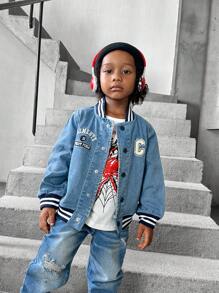 1 set Chaqueta de béisbol casual de mezclilla para niños, diseño bordado, uso diario