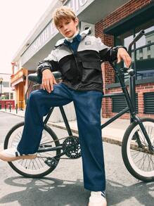 SHEIN Tween Boy 拼色袋鼠口袋连帽棉服外套，冬季 - 黑與白 - 查看 8