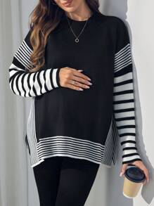 SHEIN Maternity Knit Sweater - Striped & Solid Pullover Knitwear For Pregnant Women, Autumn & Winter