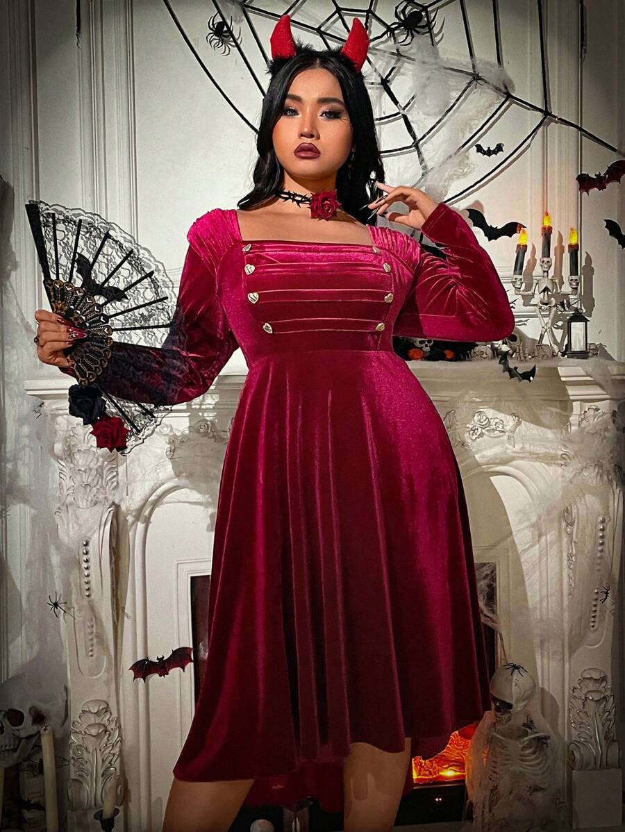 Flirla Halloween Plus Size Women Elegant Long Sleeve Button Decor Square Collar Palace Style Fall Dress - Burgundy - View 1