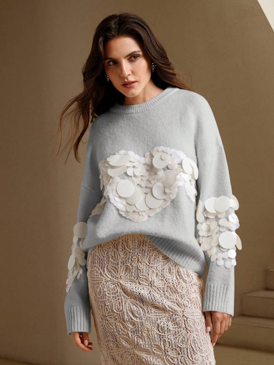 Anewsta Hand-Embellished Bead & Sequin Soft Knit Sweater Knit Pullover Fall Winter Outfit - Grey - View 1