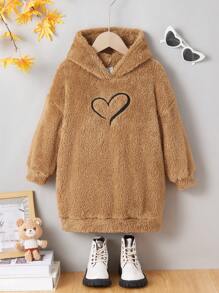 SHEIN Sweatshirt Rajut Polos Berbulu dengan Bordir Grafis untuk Anak Perempuan, Cocok untuk Musim Gugur/Dingin - Khaki - View 5