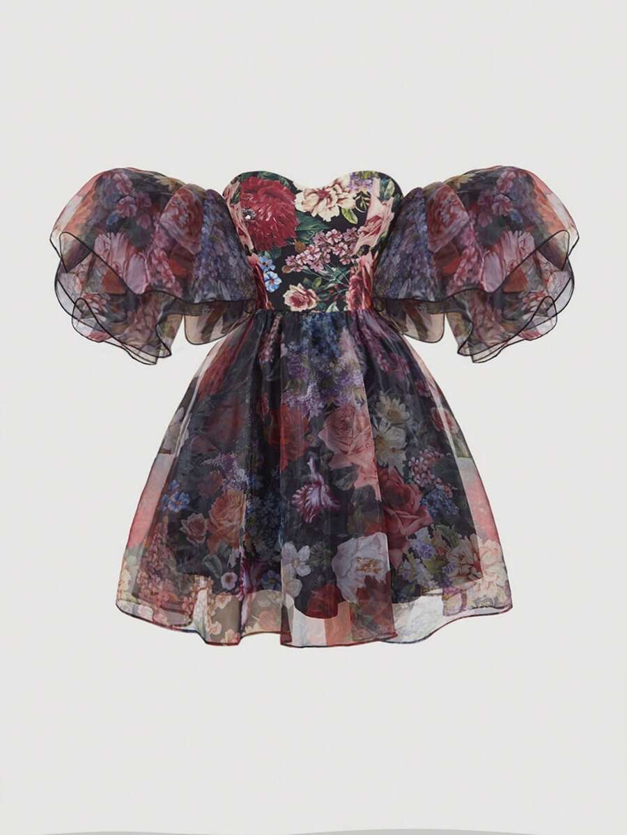 SHEIN MOD 女士露肩夸张花袖复古印花派对连衣裙 - 彩色 - 查看 1