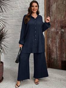 SHEIN LUNE 2pcs Plus Size Comfortable Textured Button-Up Long Sleeve Shirt And Elastic Waist Wide Leg Pants Set