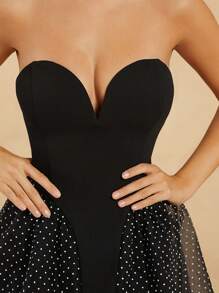 L'Amorae Drop Waist Polka Dot Mesh Insert Sweetheart Neck Dress