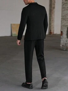 Manfinity Mode 2 件套男士时尚休闲纯色黑色西装外套和长裤套装 - 黑色 - 查看 2
