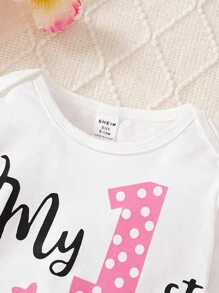 SHEIN Playful Pals 3pcs/Set Baby Girls Party Outfit, Includes Letter Print Long Sleeve Bodysuit, Tulle Skirt And Headband Clothes Set - Hot Pink - View 4