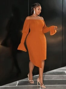 Slaydiva Plus Size Women's Elegant Sexy Off-Shoulder Ruffled Sleeve Solid Color Bodycon Dress - Rust Brown - View 9