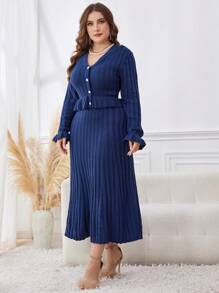 Modelyn Plus Size Elegant Solid V-Neck Long Sleeve Sweater Dress, For Winter