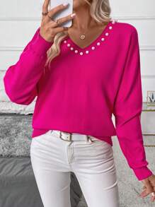 SHEIN Clasi Jersey de punto con escote en V y adorno de perlas de imitación, para mujer, otoño/invierno