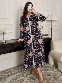 Al Najma Solid Color Splice Notched Neck Long Sleeve Modest Dress, Casual Daily Wear - Black - View 7