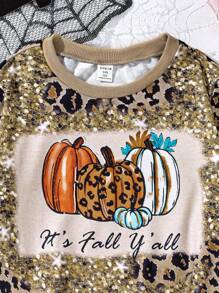 Tween Girl Leopard Print & Glitter Pumpkin Christmas Graphic Pullover Sweatshirt, Autumn/Winter, For Halloween Party