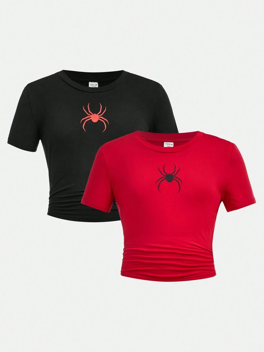 SHEIN Girlism 2pcs/Set Tween Girl  Casual Minimalist Spider Print Crew Neck Short Sleeve Fitted T-Shirt - Red - View 1