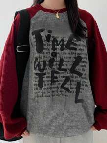 DAZY 女士休闲撞色缝线袖字母印花卫衣，秋季，长袖上衣，秋季女装 - 灰色 - 查看 1