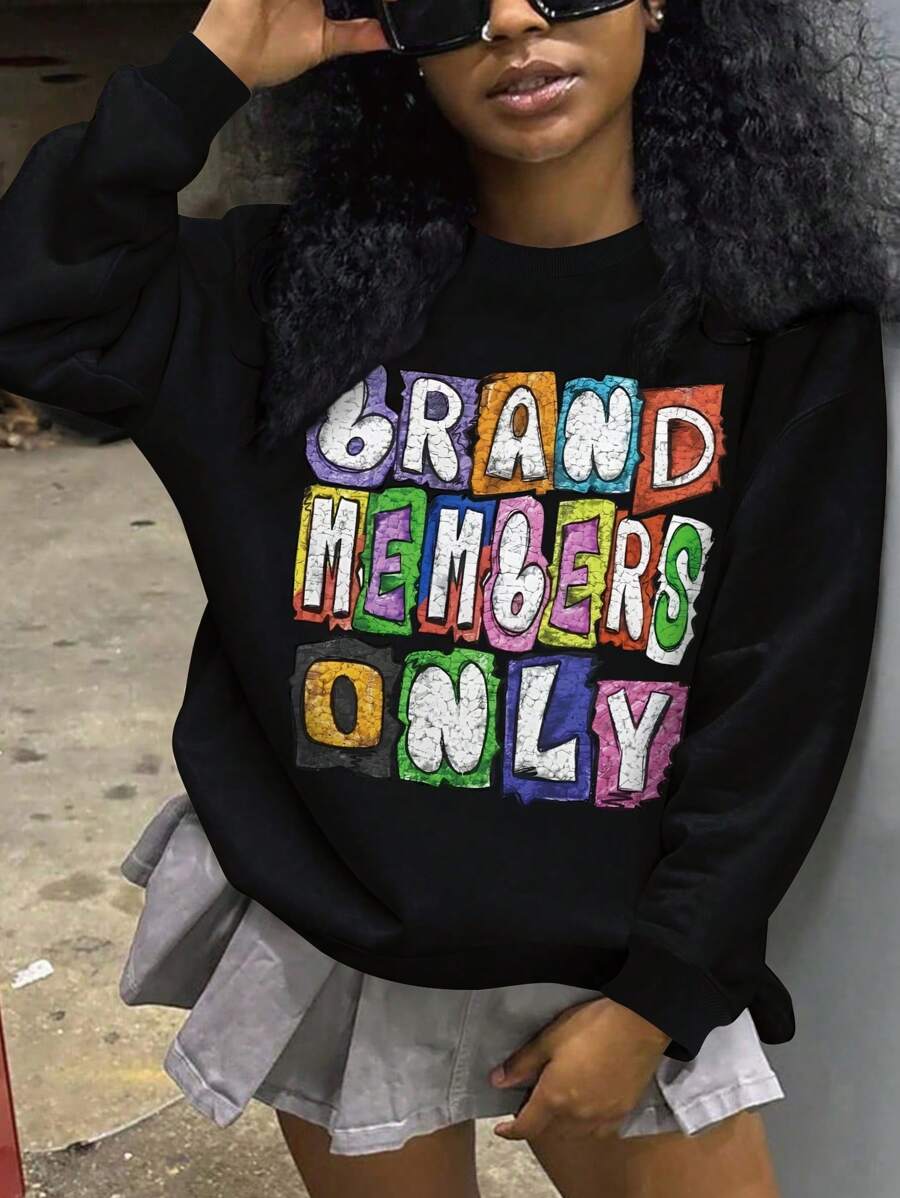 SHEIN Áo nỉ dài tay nữ dáng rộng in khẩu hiệu, thích hợp mặc mùa thu/đông, áo chui đầu dài tay mùa thu. - màu đen - Xem 1