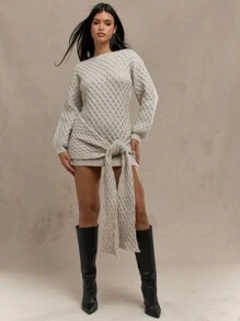 MISSGUIDED Winter Long Sleeve Knitted Sweater Dress Designer Statement Side Tie Mini Length Fashion Forward Fall Holiday Party Casual Elegant - White - View 1